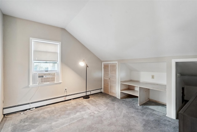 bonus room featuring cooling unit, a baseboard heating unit, lofted ceiling, and light carpet