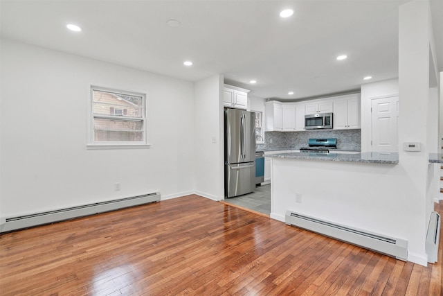 kitchen featuring white cabinetry, kitchen peninsula, stainless steel appliances, and a baseboard radiator