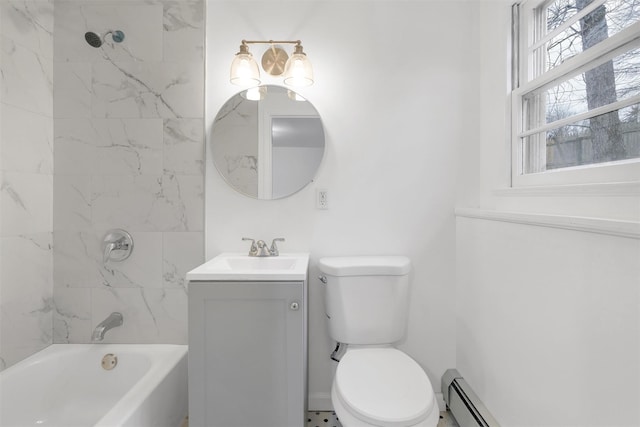 full bathroom with a baseboard heating unit, tiled shower / bath combo, vanity, and toilet