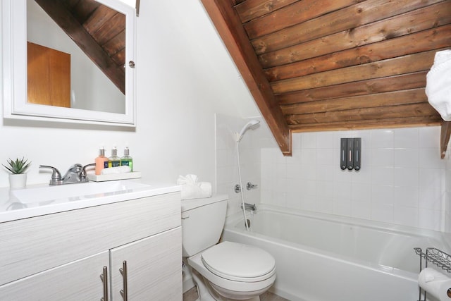 full bathroom with vanity, vaulted ceiling with beams, toilet, shower / bathtub combination, and wood ceiling