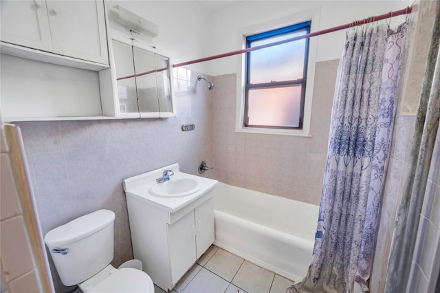 full bathroom with toilet, shower / bath combination with curtain, vanity, and tile patterned floors