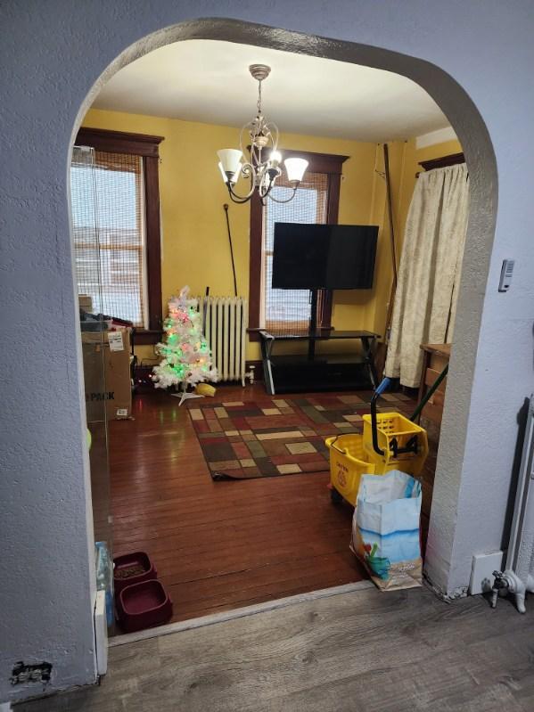 dining room featuring a notable chandelier, dark hardwood / wood-style flooring, and radiator heating unit