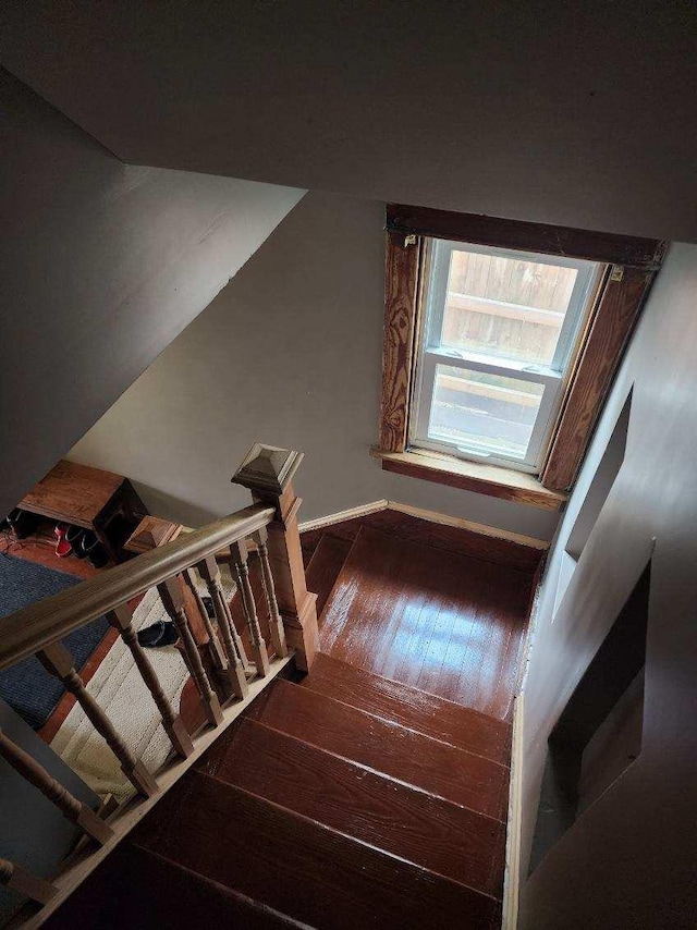 stairway featuring hardwood / wood-style flooring