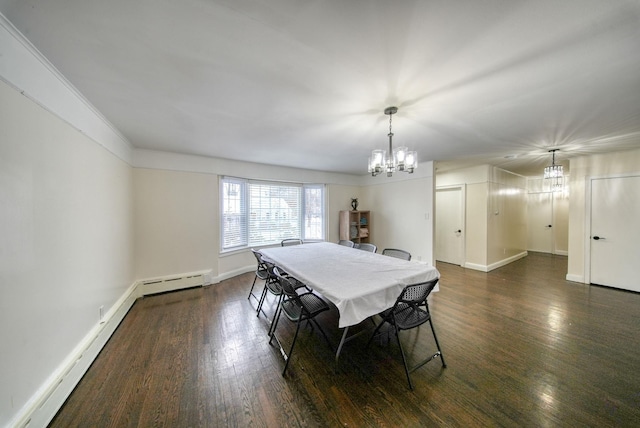 dining space with a notable chandelier, dark hardwood / wood-style floors, billiards, and a baseboard heating unit