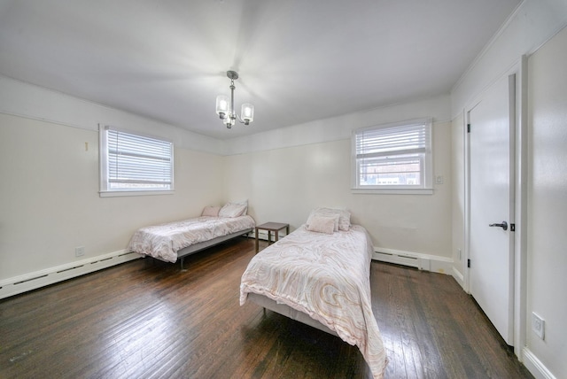 bedroom with a chandelier, dark hardwood / wood-style flooring, baseboard heating, and multiple windows