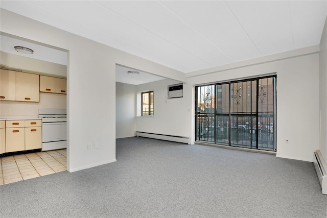 unfurnished living room with light carpet, a wall mounted air conditioner, and baseboard heating