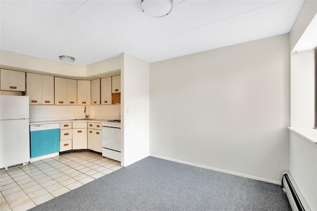 kitchen featuring light carpet, white appliances, baseboard heating, sink, and cream cabinetry