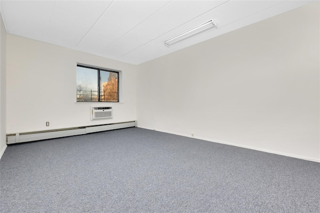 carpeted empty room with an AC wall unit and baseboard heating