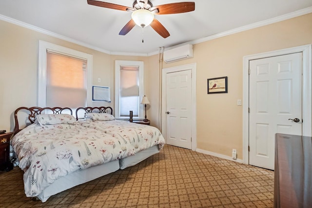 bedroom featuring a wall mounted air conditioner, light carpet, ceiling fan, and ornamental molding