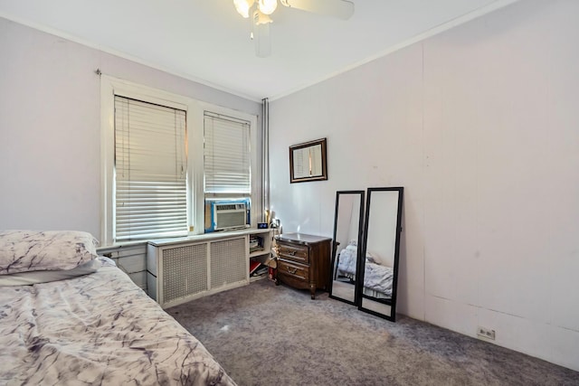 bedroom with carpet flooring, ceiling fan, radiator heating unit, crown molding, and cooling unit