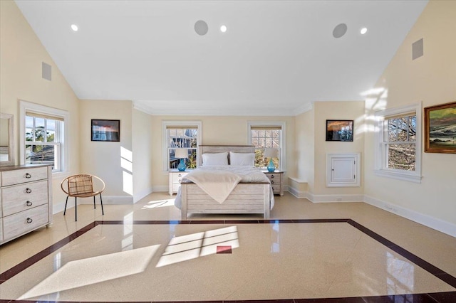 bedroom featuring crown molding, high vaulted ceiling, and multiple windows