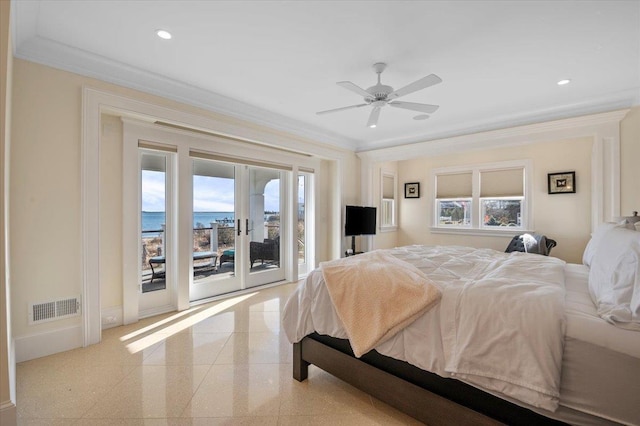 bedroom featuring ceiling fan, crown molding, access to outside, and french doors