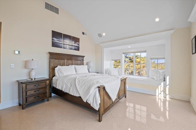 bedroom featuring high vaulted ceiling