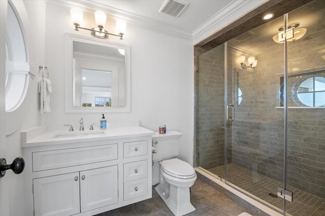 bathroom with an enclosed shower, ornamental molding, vanity, a healthy amount of sunlight, and toilet