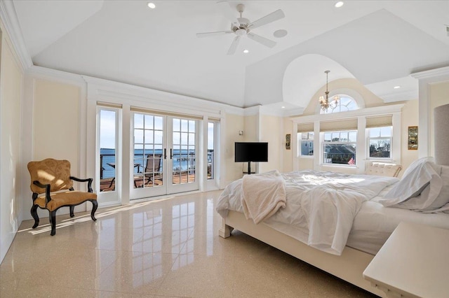 bedroom featuring access to exterior, french doors, ceiling fan with notable chandelier, and multiple windows