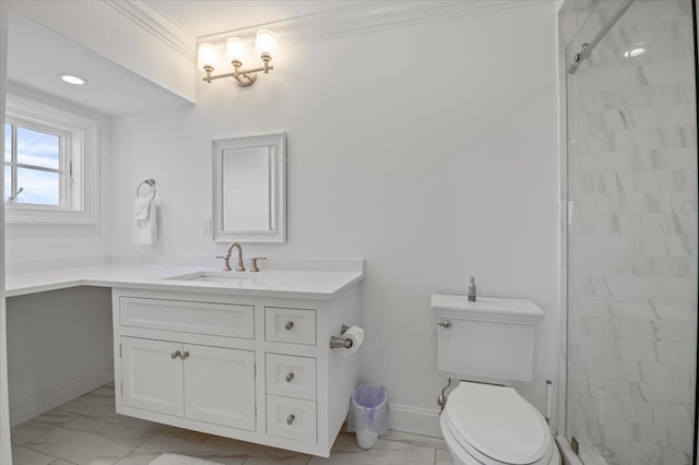 bathroom featuring a tile shower, vanity, ornamental molding, and toilet