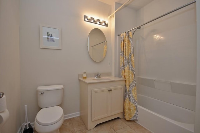 full bathroom with toilet, tile patterned flooring, vanity, and shower / tub combo with curtain