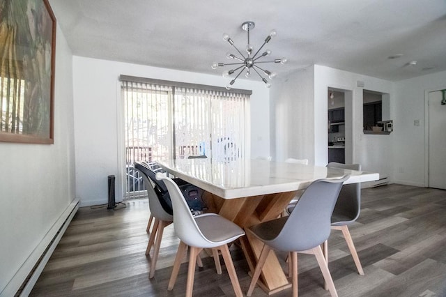 dining room featuring an inviting chandelier, a baseboard radiator, and dark hardwood / wood-style flooring