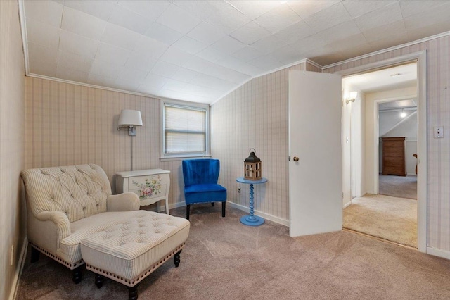 living area with carpet and ornamental molding