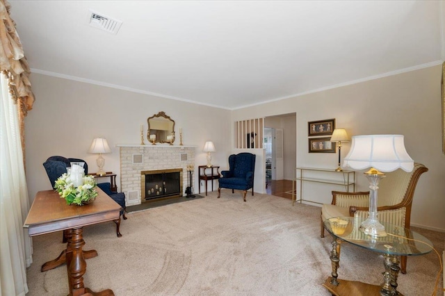 sitting room featuring a fireplace, carpet floors, and ornamental molding