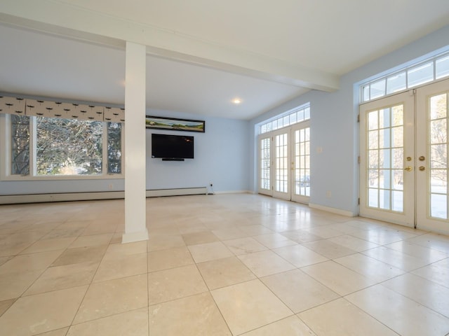 interior space featuring a baseboard radiator, light tile patterned floors, beam ceiling, and french doors