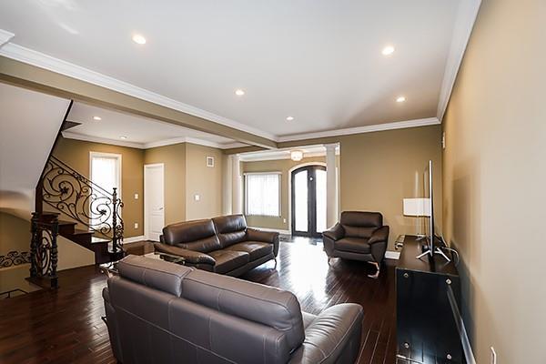 living room featuring crown molding and dark hardwood / wood-style flooring