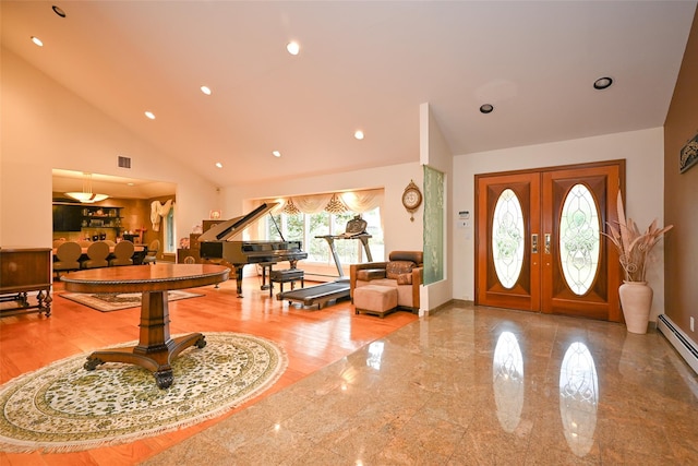 entryway with french doors, high vaulted ceiling, and a baseboard radiator