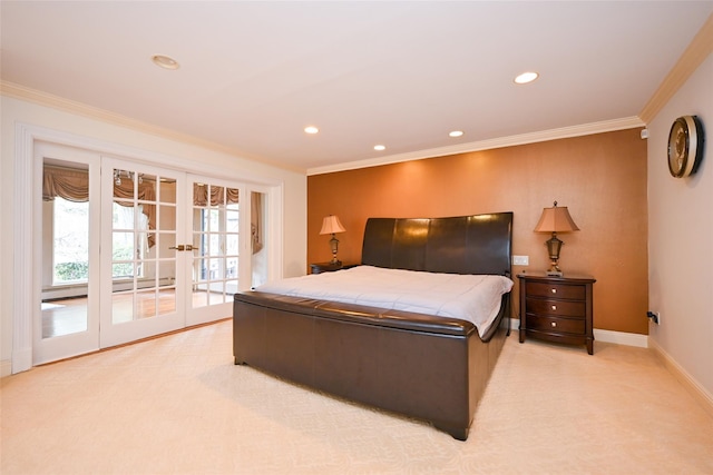 carpeted bedroom featuring access to exterior, crown molding, and french doors