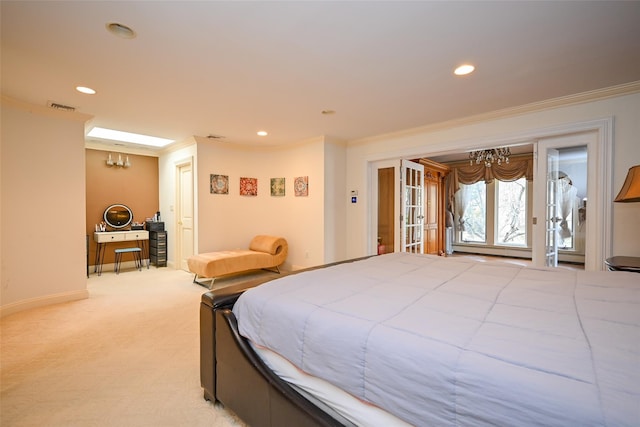 carpeted bedroom with crown molding