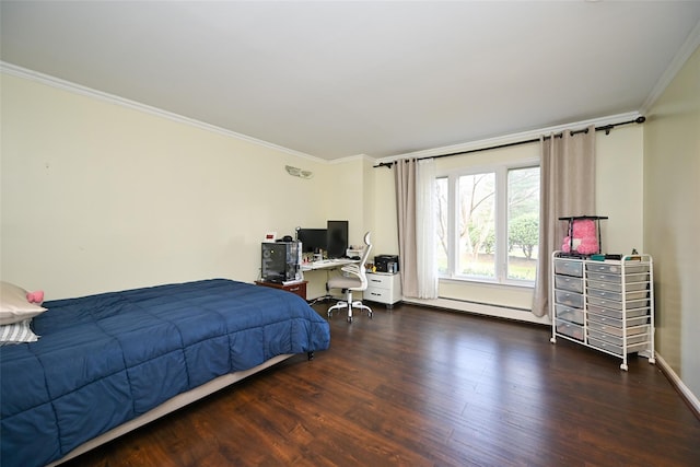 bedroom with dark hardwood / wood-style flooring, ornamental molding, and a baseboard radiator