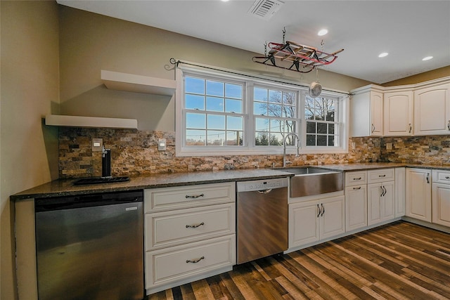 kitchen featuring backsplash, dishwasher, white cabinetry, and sink