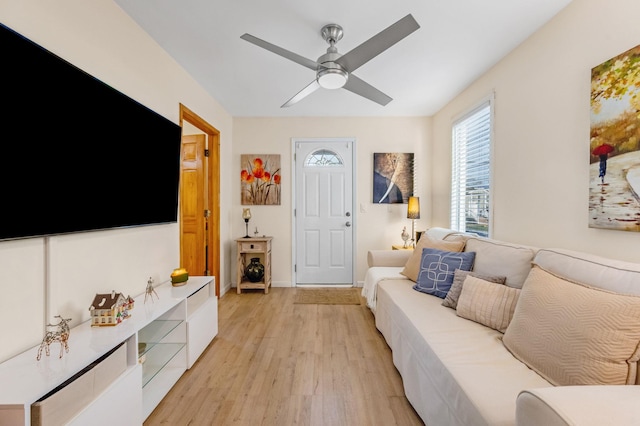 living room featuring ceiling fan and light hardwood / wood-style floors