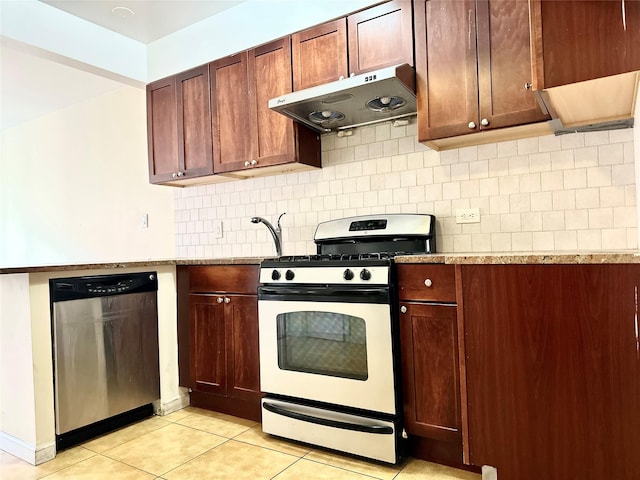 kitchen featuring backsplash, dishwasher, stove, and light tile patterned floors