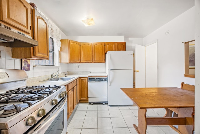 kitchen featuring sink, decorative backsplash, white appliances, and exhaust hood