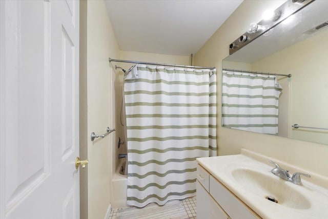 202 Essex Ct, Brewster, NY 10509 - bathroom with shower / bath combination with curtain, vanity, and tile patterned floors