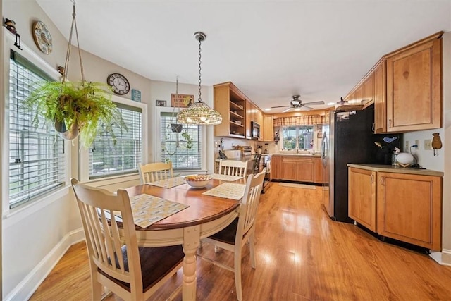 dining area featuring ceiling fan and light hardwood / wood-style flooring