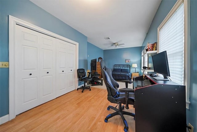 office area featuring ceiling fan and wood-type flooring