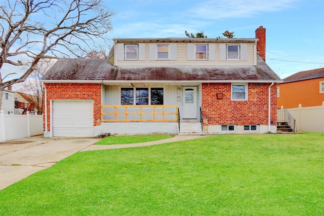 view of front of house with a front lawn, a porch, and a garage