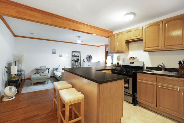 kitchen featuring sink, crown molding, a kitchen breakfast bar, and gas stove