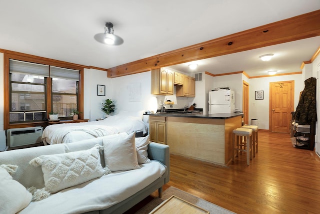 living room featuring crown molding, a wall mounted air conditioner, and light hardwood / wood-style flooring