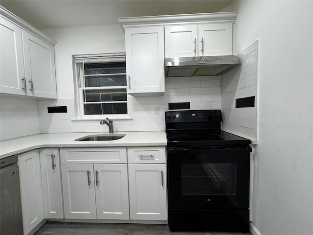 kitchen featuring white cabinets, sink, and black range with electric cooktop