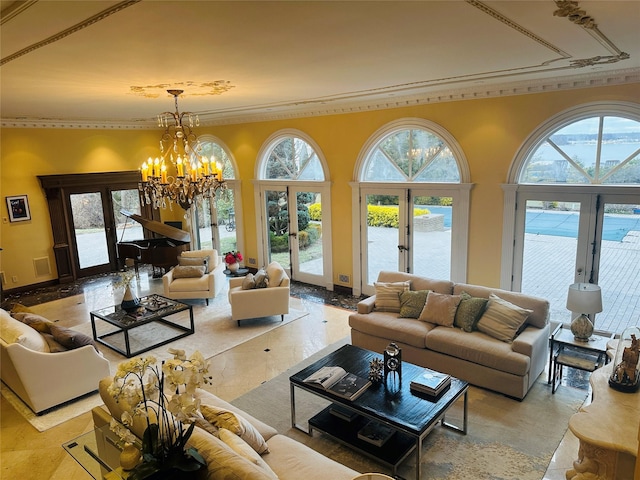 living room featuring a notable chandelier, light tile patterned flooring, ornamental molding, and french doors