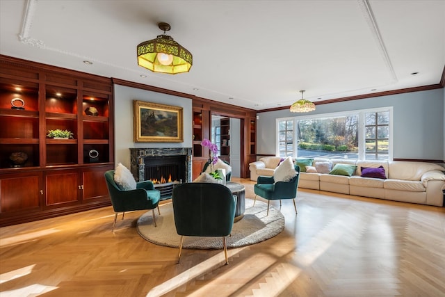 living room with crown molding and light parquet floors