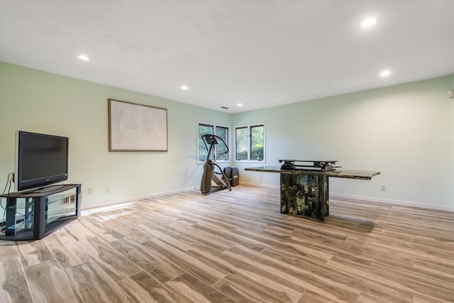 exercise room featuring light hardwood / wood-style flooring