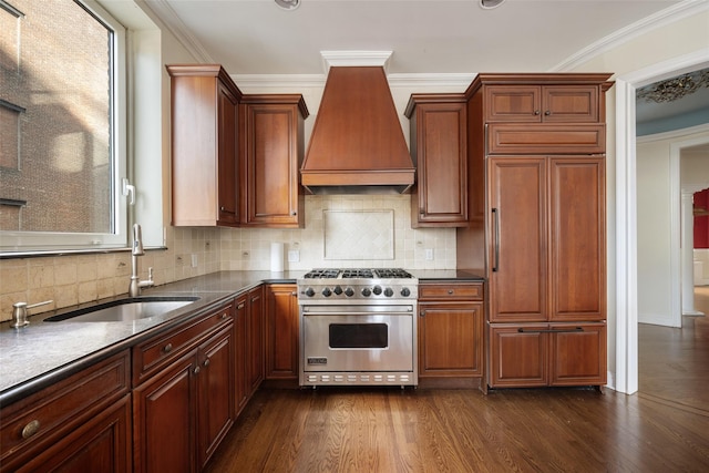 kitchen with backsplash, premium range hood, high end appliances, dark wood-type flooring, and sink