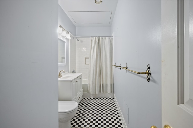 full bathroom featuring vanity, toilet, and shower / bathtub combination with curtain