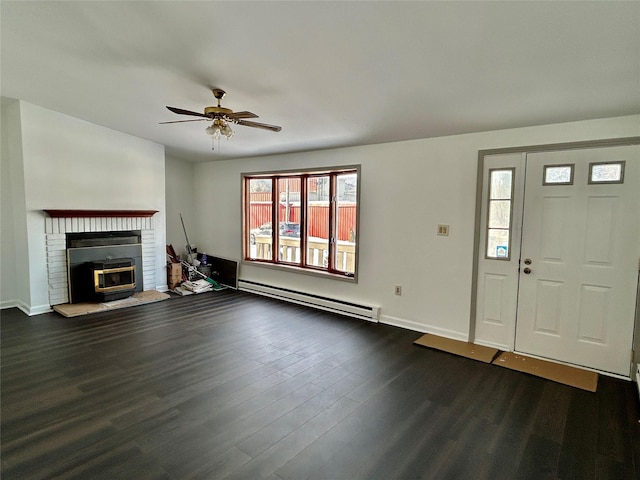 unfurnished living room with ceiling fan, a baseboard radiator, and dark hardwood / wood-style floors