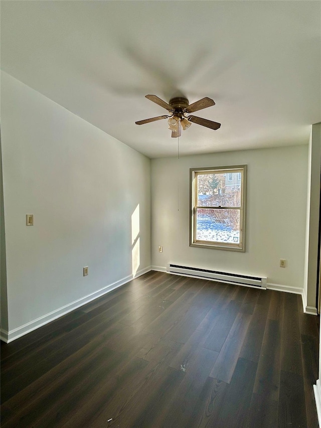 spare room with ceiling fan, dark hardwood / wood-style floors, and a baseboard heating unit