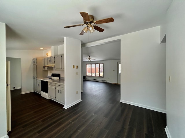 kitchen featuring white appliances, dark hardwood / wood-style floors, ceiling fan, and a baseboard heating unit