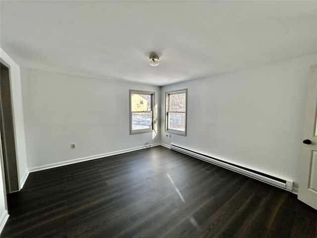 unfurnished room with dark hardwood / wood-style floors and a baseboard heating unit